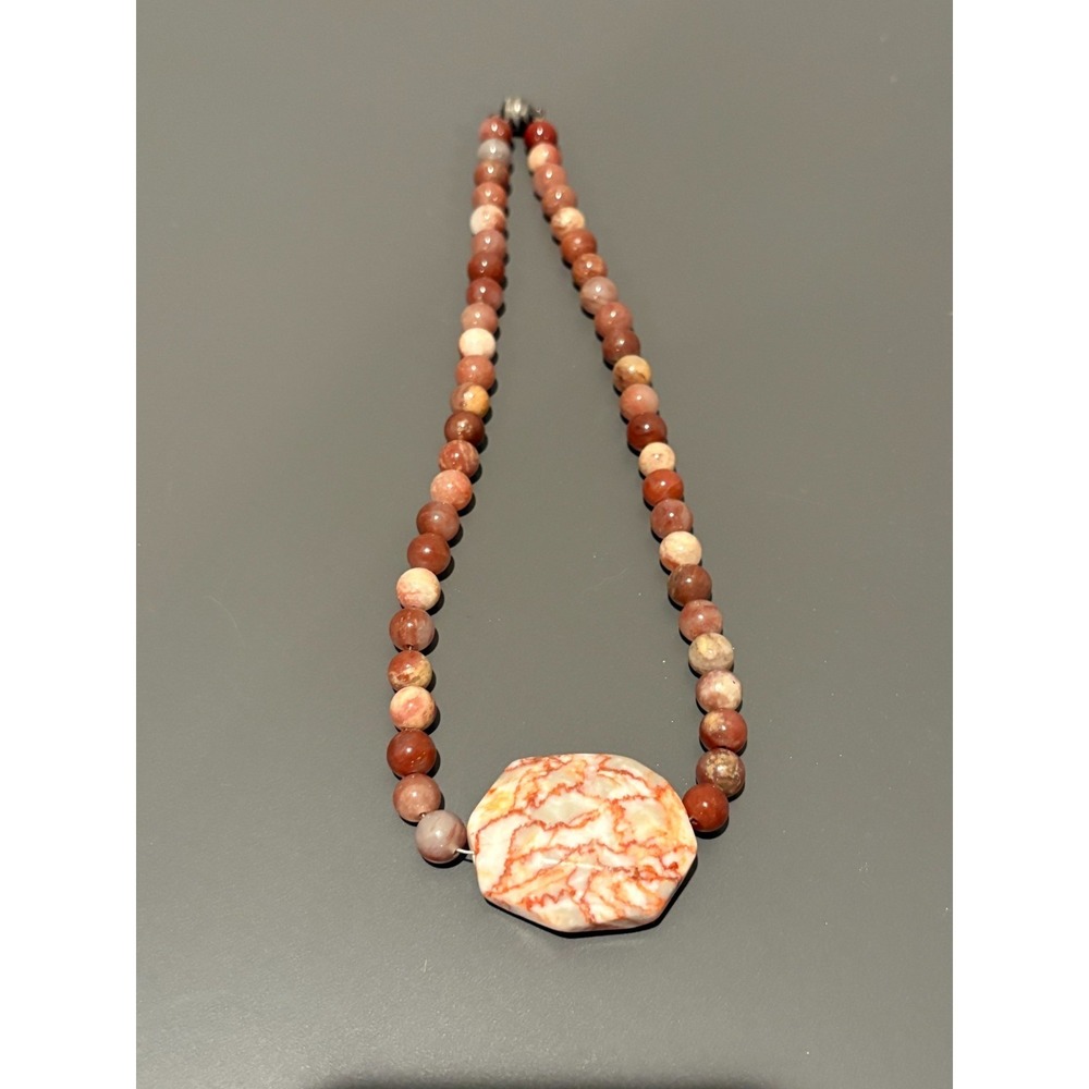 Used Handmade Pink and Brown Jasper Beaded Necklace with Magnetic Closure